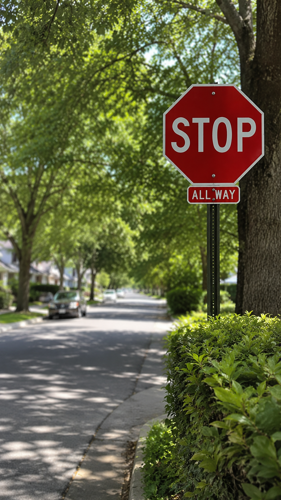 A tree-lined Boulder neighborhood street with an all-way stop